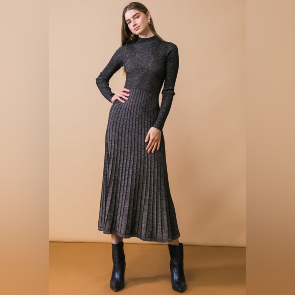 Black Metallic Knit Sweater Dress